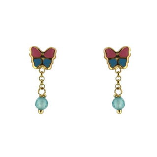 18K Yellow Gold Enamel BLue and Pink Butterfly and Dangle Crystal bead Post Earrings H 0.60 inches , Amalia Jewelry