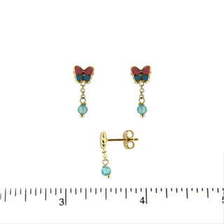 18K Yellow Gold Enamel BLue and Pink Butterfly and Dangle Crystal bead Post Earrings H 0.60 inches , Amalia Jewelry