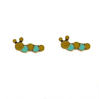 18K Yellow Gold Yellow and Turquoise Enamel Caterpillar Post Earrings 0.30 inches , Amalia Jewelry
