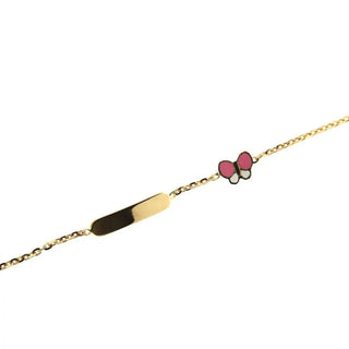 18k Solid Yellow Gold Pink and White Enamel Butterfly ID Bracelet 5.6 inches with extra ring at 4.75 inches , Amalia Jewelry