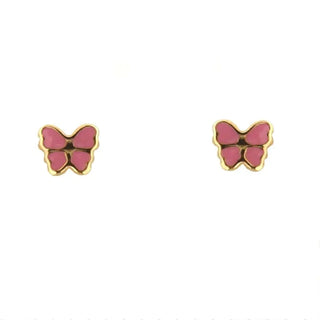 18K Yellow Gold Pink Enamel Butterfly Post Earrings 0.28 inches , Amalia Jewelry