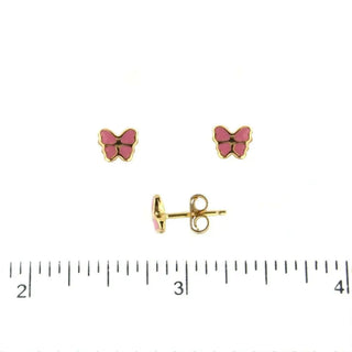 18K Yellow Gold Pink Enamel Butterfly Post Earrings 0.28 inches , Amalia Jewelry