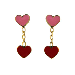 18K Solid Yellow Gold Red and Pink Enamel Hearts Dangle Post Earrings , Amalia Jewelry