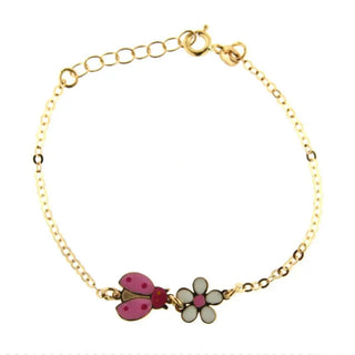 18K Solid Yellow Gold Enamel White and Pink Flower and Pink Lady Bug Bracelet , Amalia Jewelry