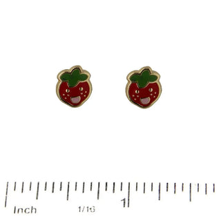 18K Solid Yellow Gold Red Enamel Strawberry Face Covered Screwback Earrings Amalia Jewelry