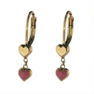 18K Solid Yellow Gold Pink Enamel Heart Lever Back Earrings , Amalia Jewelry