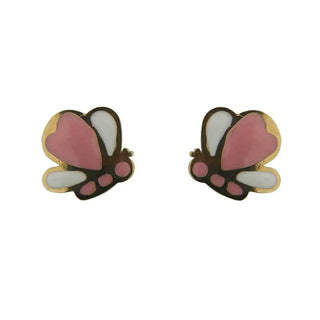 18k Solid Yellow Gold Pink Enamel Bee Covered Screwback Earrings , Amalia Jewelry