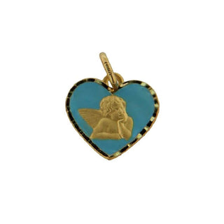 18K Solid Yellow Gold Blue Enamel Angel Heart Medal Pendant , Amalia Jewelry