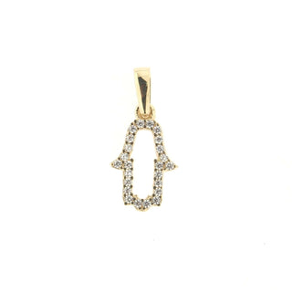 18K Solid Yellow Gold Tiny Zircon Open Hamsa Fatima Hand Pendant , Amalia Jewelry