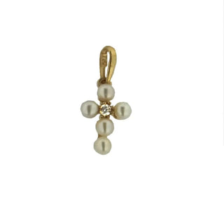 18K Yellow Gold Center Zirconia Cultivated Pearls Cross Pendant 0.62 x 0.27 inches with bail Amalia Jewelry