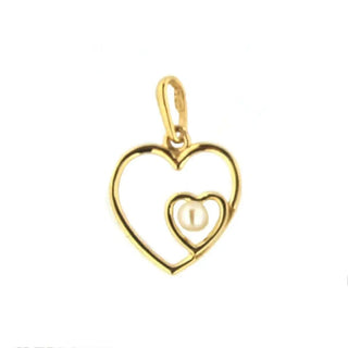 18K Solid Yellow Gold Open Double Hearts Pearl Pendant