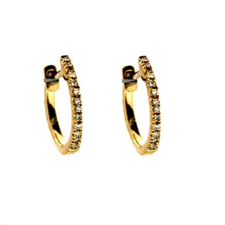 18K Solid Yellow Gold Front Diamonds Hinged Huggie Earrings 10mm , Amalia Jewelry