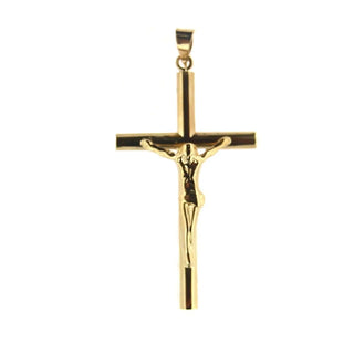 18K Solid Yellow Gold Half Tube Crucifix Pendant 1.69 inch , Amalia Jewelry