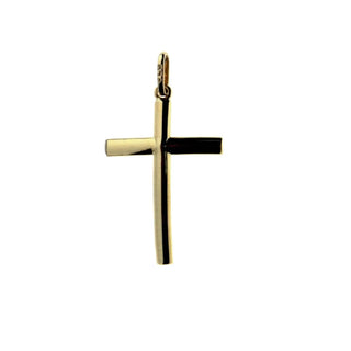 Timeless and Elegant: 18K Yellow Gold Small Curb Tube Cross Pendant - 1 inch x 0.54 inch Amalia Jewelry