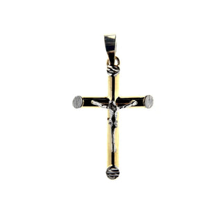 18K Solid Two Tone Gold Small Tube Crucifix , Amalia Jewelry