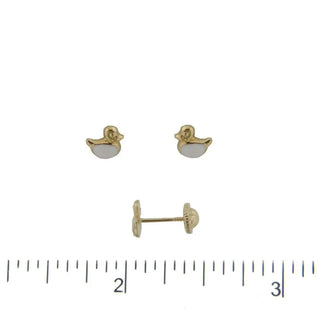 18K Yellow Gold White Enamel Duck Earring with cv covered d screwbacks (5mm) , Amalia Jewelry
