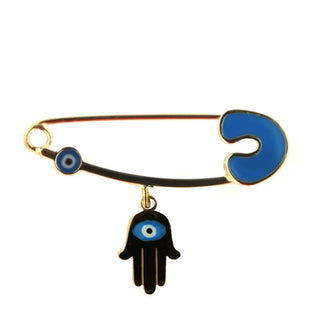 18k Solid Yellow Gold Blue Enamel Mini Eye Safety Pin with Center Blue Eye Hamza Hand 1.14 inch , Amalia Jewelry