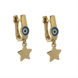 18K Solid Yellow Gold Star Dangling Blue Evil Eye Leverback Earrings Amalia Jewelry
