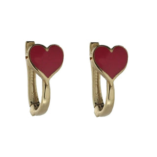 18K Solid Yellow Gold Red Enamel Heart Lever back Earrings , Amalia Jewelry