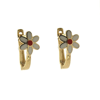 18K Solid Yellow Gold White and Red Enamel Flower Lever Back earrings , Amalia Jewelry