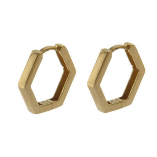 18K Solid Yellow Gold Hexagonal Huggie Hoop Earrings , Amalia Jewelry