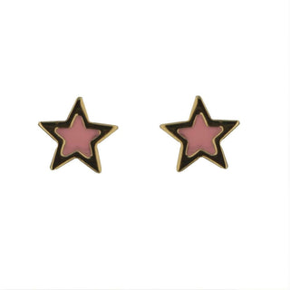 18K Solid Yellow Gold Pink Enamel Star Post Earrings Amalia Jewelry