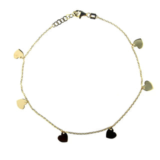 18K Solid Yellow Gold Dangling mini Hearts Anklet Bracelet 9 inches with extra rings strating at 8.5 inches , Amalia Jewelry