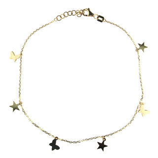 18K Solid Yellow Gold Dangling mini Stars and Butterflies Anklet Bracelet 9 inches with extra rings stating at 8.5 inches , Amalia Jewelry