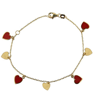 18k Solid Yellow Gold Red enamel and polished Hearts Dangle Bracelet 6.50 inches , Amalia Jewelry