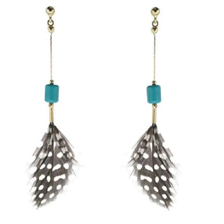 18K Yellow Gold with turquoise polka dot guinea feathers dangle post earrings , Amalia Jewelry