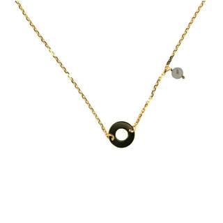 18K Yellow Gold Center Open Circle and Pearl Necklace 16 inches , Amalia Jewelry