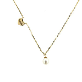 18K Yellow Gold Center Small Heart engraved LOVE with cultivate Pearl Necklace Amalia Jewelry