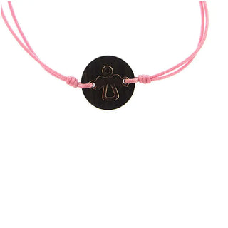 18K Solid Pink Gold Angel over ebony stone Pink Cord adjustable Bracelet Amalia Jewelry