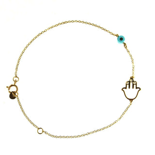 18K Solid Yellow Gold Diamond Hamsa with Blue Evil Eye Bracelet 7 inches , Amalia Jewelry