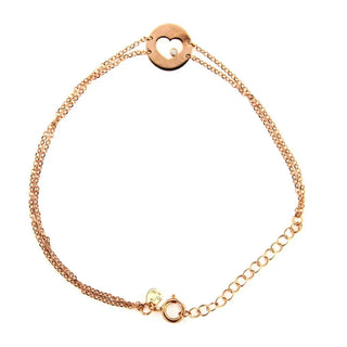 18K Solid Pink Gold Diamond Circle Open Heart Double Chain Bracelet , Amalia Jewelry