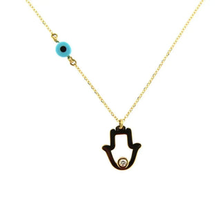 18K Yellow Gold Diamond Hamsa Necklce with a side Ceramic Eye 18 inches with and extra ring at 16.50 inches D 0.02 ct , Amalia Jewelry