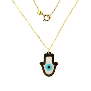 18K Yellow Gold Fatima Hand and Ceramic Evil Eye Necklace with 16.50 inch chain with extra ring at 15 inches , Amalia Jewelry