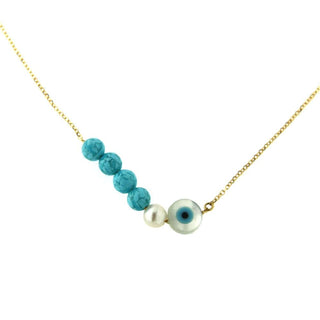 18k Yellow Gold Evil Eye with Cultivated Pearl and Four Turquoise Beads Necaklce 16 inches , Amalia Jewelry