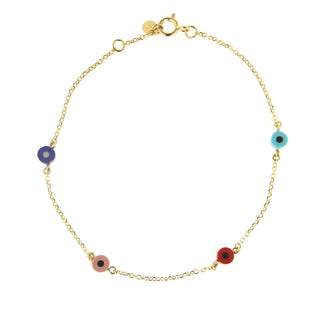 18K Solid Yellow Gold Multi Color Evil Eye 6 inches bracelet , Amalia Jewelry