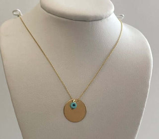 18K Solid Yellow Gold Circle and evil eye pendant necklace , Amalia Jewelry