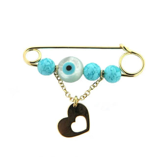 18K Solid Yellow Gold Turquoise Beads, Evil Eye, and Hanging Heart Safety Pin , Amalia Jewelry