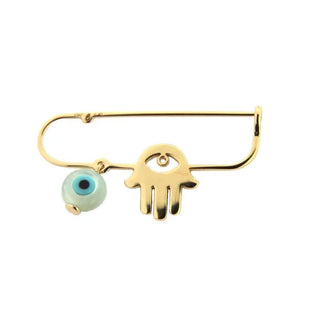 18K Solid Yellow Gold Hamsa Hand and Evil Eye Safety Pin Amalia Jewelry