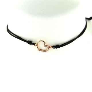 18k Solid Pink Gold Open Heart and diamonds with black cord bracelet , Amalia Jewelry