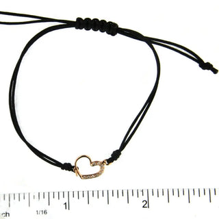 18k Solid Pink Gold Open Heart and diamonds with black cord bracelet , Amalia Jewelry