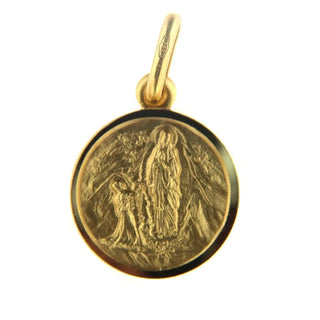 18K Solid Yellow Gold Our Lady of Lourdes Small Medal (13 mm) , Amalia Jewelry