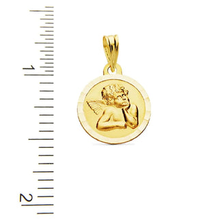 18K Solid Yellow Gold Diamond Cut Border Angel medal Pendant 14mm , Amalia Jewelry