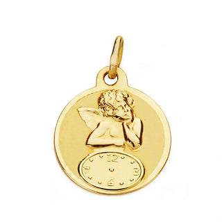 18K Solid Yellow Gold Angel with a Round Clock Medal 15mm Amalia Jewelry