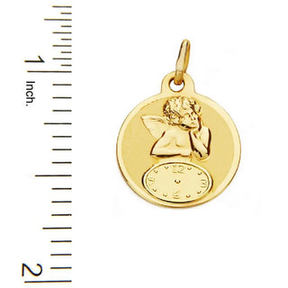 18K Solid Yellow Gold Angel with a Round Clock Medal 15mm Amalia Jewelry