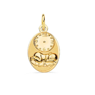 18K Solid Yellow Gold Sleeping Baby with an Oval Clock Medal 16 x 12 mm Amalia Jewelry