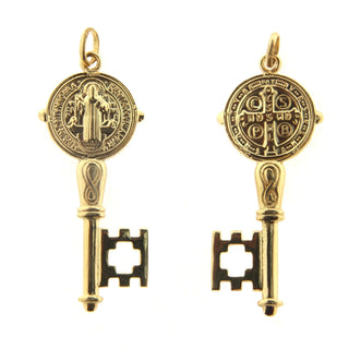 18K Solid Gold Saint Benedict Double Sided Medal and Cross Key pendant , Amalia Jewelry